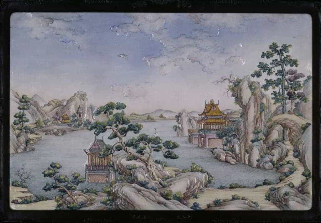锤胎画珐琅山水楼阁图挂屏 - 故宫珐琅器藏品_第1张