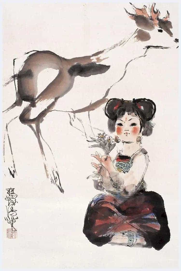 程十发作品《少女与羊》3尺_第4张